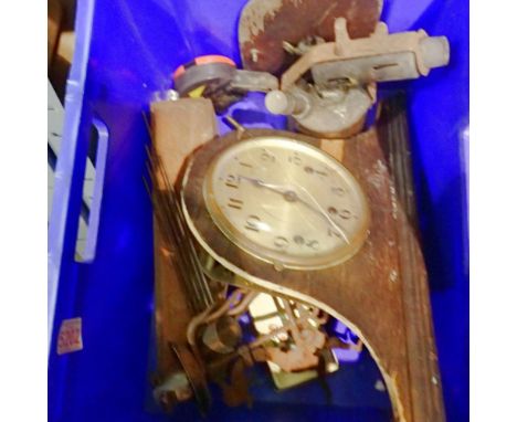 Westminster clock with chiming movement, metal candlestick, box of dominoes, Runcorn playing card box, empty pellet tin and a