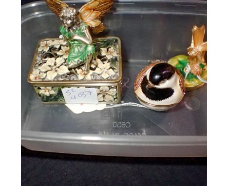 Estee Lauder 2002 Pleasures solid perfume gift and enamel flower fairy, and two enamelled trinket boxes. UK P&amp;P Group 2 (