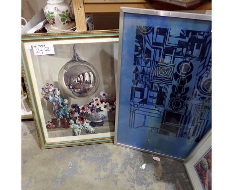Two framed pictures: an abstract screen print and a print of Reflections by K Davis Richter, largest 72 x 49 cm. Not availabl
