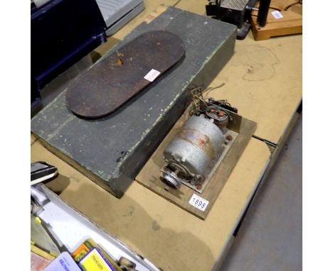 Wood tool box of mixed tools oval steel plate and electrical motor. Not available for in-house P&amp;P 