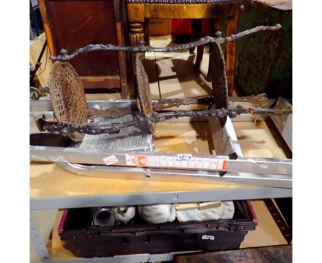 Two tred aluminium step ladders, cast iron pan stand and shoe last. Not available for in-house P&amp;P
