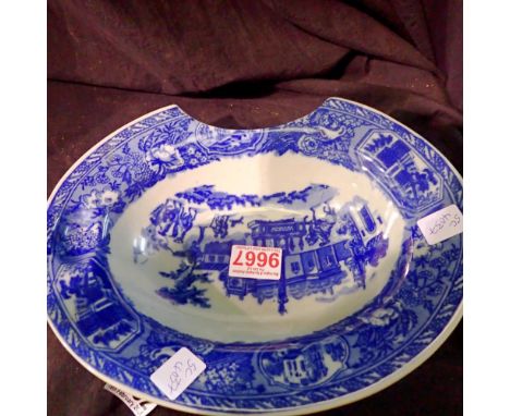 Vintage blue and white ceramic barbers bowl with cut out rim and thumb rest. Not available for in-house P&amp;P 