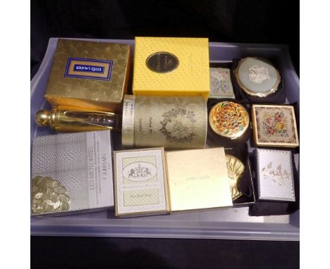 Six vintage compacts including Estee Lauder, and Stratton, with designer perfume bottles (Cartier, Christian Dior etc). UK P&