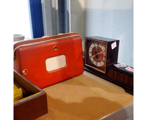 Bakelite rhythm two jewel alarm clock, vintage Roberts transistor radio. Not available for in-house P&amp;P