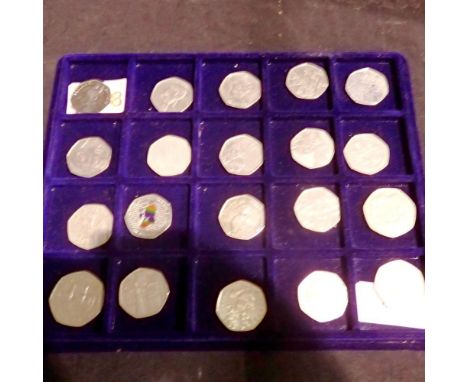 Twenty collectable 50 pence coins to include an enamelled Sherlock Holmes. UK P&amp;P Group 1 (£16+VAT for the first lot and 