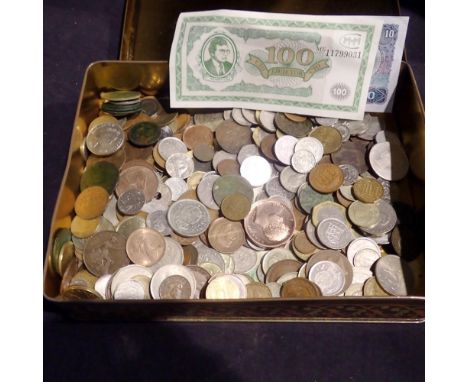 Tin of mixed coins, bank notes and silver. UK P&amp;P Group 2 (£20+VAT for the first lot and £4+VAT for subsequent lots)