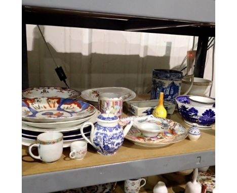 Shelf of mixed Oriental ceramics, with some repairs. Not available for in-house P&amp;P