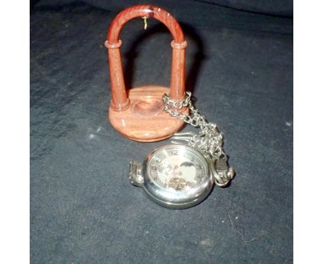 Pocket watch with chain and wooden display stand. UK P&amp;P Group 1 (£16+VAT for the first lot and £2+VAT for subsequent lot