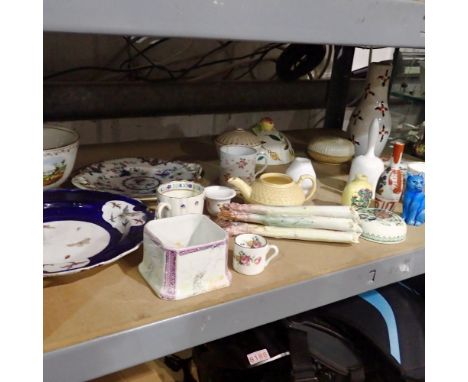 Shelf of mixed ceramics with repairs, including Wedgwood. Not available for in-house P&amp;P