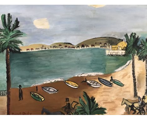 (20th Century) A seascape depicting the beach and casino at Nice emulating the work of Raoul Dufy, painted from the perspecti