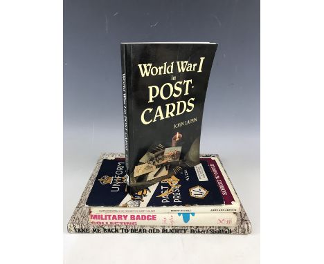 Military collectors' guides including Laffin, World War One Postcards, and Southall, Take Me Back to Dear Old Blighty, the Fi