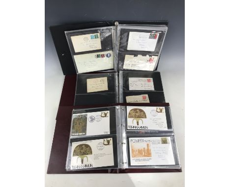 Three ring binders containing stamp covers, First Day covers, stamp exhibition covers, air mail and royal commemorative Edwar