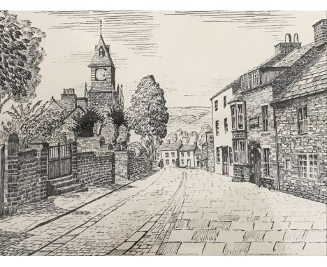 R*** Atkinson (20th Century) Front Street, Alston, pen and ink view, framed and mounted under glass, 18 x 28 cm 