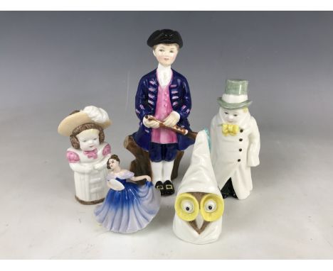 A Royal Doulton figurine Boy from Williamsburg together with a Royal Worcester figurine Feathered Hat, Royal Worcester Owl an