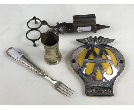 Sundry collectors' items including Georgian candle snuffers, an AA car bumper badge, a silver fork and an electroplate toothp