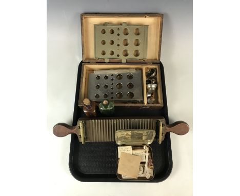 Laboratory stands, sundry chemists' vessels and a vintage Boots first aid case with contents, etc