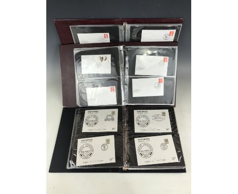 Three philatelic ring binders containing a collection of 1980s First Day Covers, including the Post Office Special Handstamp 