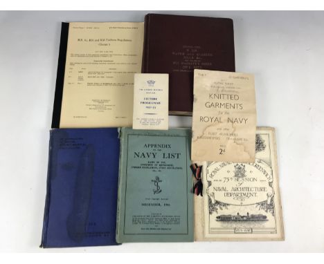 A quantity of Royal Navy official and other publications including a Watch and Quarter Bills etc ledger, 1944 Navy List appen