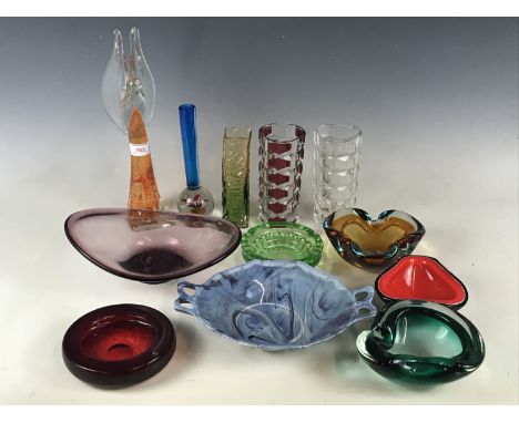 20th century studio glass, to include a ruby red controlled bubble dish attributed to Whitefriars, and two further similar lo
