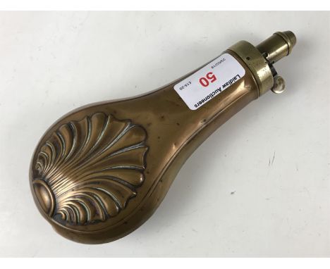 A Victorian copper powder flask and a reproduction Scottish powder horn