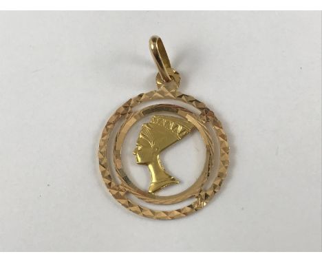 A contemporary Egyptian high carat yellow-metal (stamped 750 and tested as gold) annular pendant centred by a profile portrai