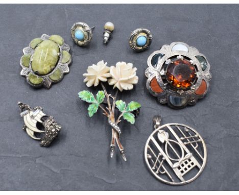 A small selection of HM silver and white metal including Rennie Macintosh style pendant, Celtic agate set brooch, enamelled b