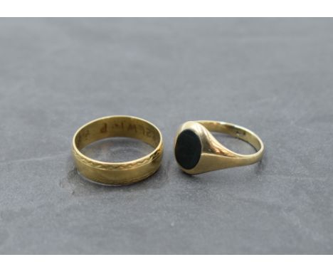 A 9ct gold wedding band and signet ring having blood stone oval panel, sizes N &amp; O and total approx 6g