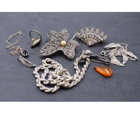 A selection of HM silver and white metal jewellery stamped 925/silver including rope chain, filigree necklace, marcasite broo