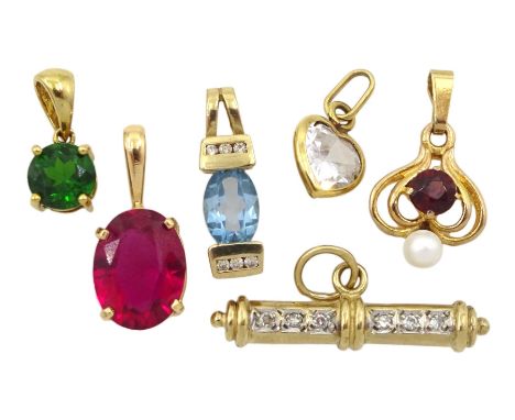 Five 9ct gold pendants including diamond T bar, garnet and pearl, topaz and diamond, heart shaped cubic zirconia and green ga