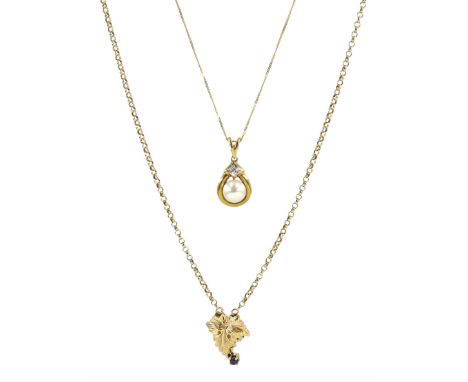 Gold single stone pearl and diamond pendant necklace and a gold sapphire leaf pendant necklace, both hallmarked 9ctCondition 