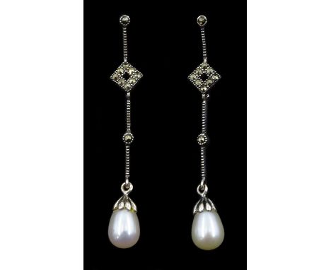 Pair of silver freshwater pearl and marcasite pendant earrings, stamped 925 Condition Report:Length =45cm, good condition 