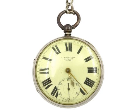 Victorian silver open face English lever fusee pocket watch by Hinchliffe, Hope Street, Filey, No. 31094, white enamel dial w