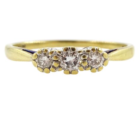 9ct gold three stone diamond ring, hallmarked Condition Report:Approx 2.3gm, size P, total diamond weight approx 0.23 carat 