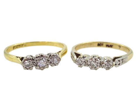 Gold three stone diamond ring, stamped 18ct Plat and a gold illusion set diamond ring, stamped 9ct PlatCondition Report:Appro