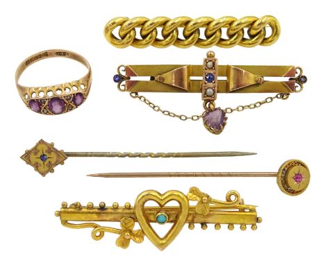 9ct gold amethyst and seed pearl ring, Chester 1914, gold curb link brooch, stamped 10ct and a collection of 9ct gold sticks 