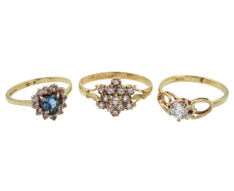 Gold cubic zirconia cluster ring, heart shaped blue cubic zirconia ring and one other, all hallmarked 9ctCondition Report:App
