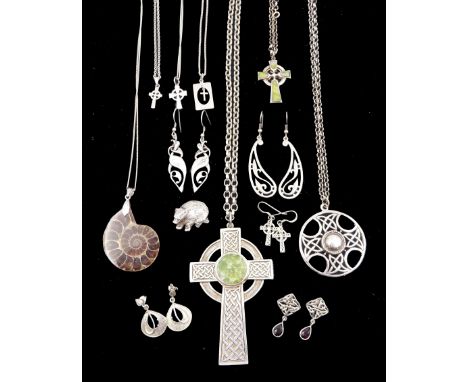 Scottish silver Iona green agate Celtic cross pendant necklace by Ralph Weston, Edinburgh 2000, two pairs of Art Nouveau styl