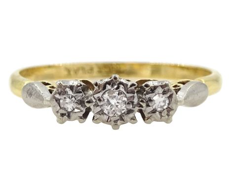 Gold illusion set three stone diamond ring, stamped 18ct PlatCondition Report:Approx 2.37gm, size P-Q, well presented ring in