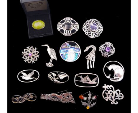 Nine Scottish silver brooches including enamel landscape brooch by Bruce Stephenson, two bird brooches by Hebridean Jewellery