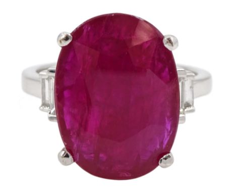 18ct white gold oval ruby and baguette cut diamond ring, hallmarked, ruby approx 8.20 caratCondition Report:Approx 5.5gm, siz