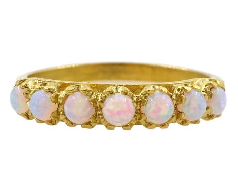 Silver-gilt seven stone opal ring, stamped 925 Condition Report:Size Q-R, good condition