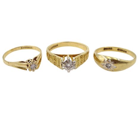 Three 9ct gold single stone diamond chip rings, all hallmarkedCondition Report:Approx 5.75gm, all sizes M-N