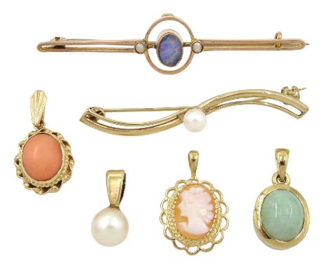 Opal and seed pearl brooch, stamped 9ct, gold pearl brooch and four gold pendants including coral, cameo, pearl and jade, all