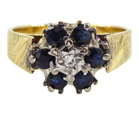 18ct gold sapphire and diamond chip cluster ring, hallmarkedCondition Report:Approx 3.4gm, size L 