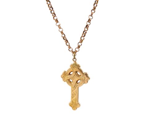 15ct gold engraved Celtic cross pendant on 9ct rose gold belcher link chain necklaceCondition Report:Cross approx 2.7gm (test