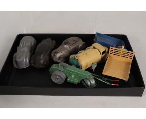 Dinky dustcart and motocart, two rubber cars etc