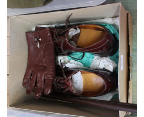 A pair of Officers brown leather shoes (size 9) with a pair of brown leather gloves and a leather swagger stick