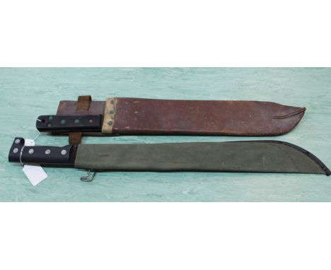 A British WWII era machete and sheath blade marked J.J.B. (broad arrow) and 1945 with another machete