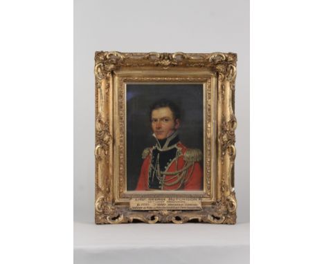 A period oil painting of 'Lieut George Hutchinson', plaque beneath reads "Lieut George Hutchinson 14th Light Dragoons, B.1797