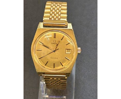 Gents 1972 Omega geneve manual wind wristwatch , gold coloured case & strap. Date app at 3 o clock. Currently ticking & keepi